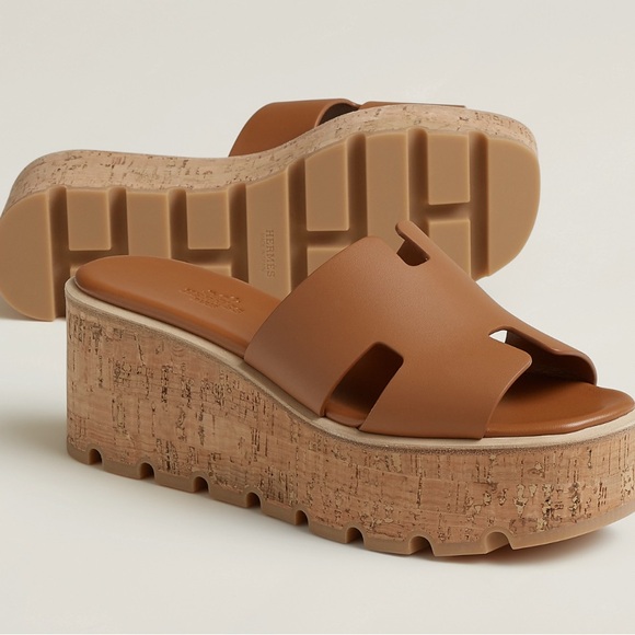 NEW HERMÈS Naturel Calfskin Leather Eze 30 Platform Sandals - Picture 1 of 16